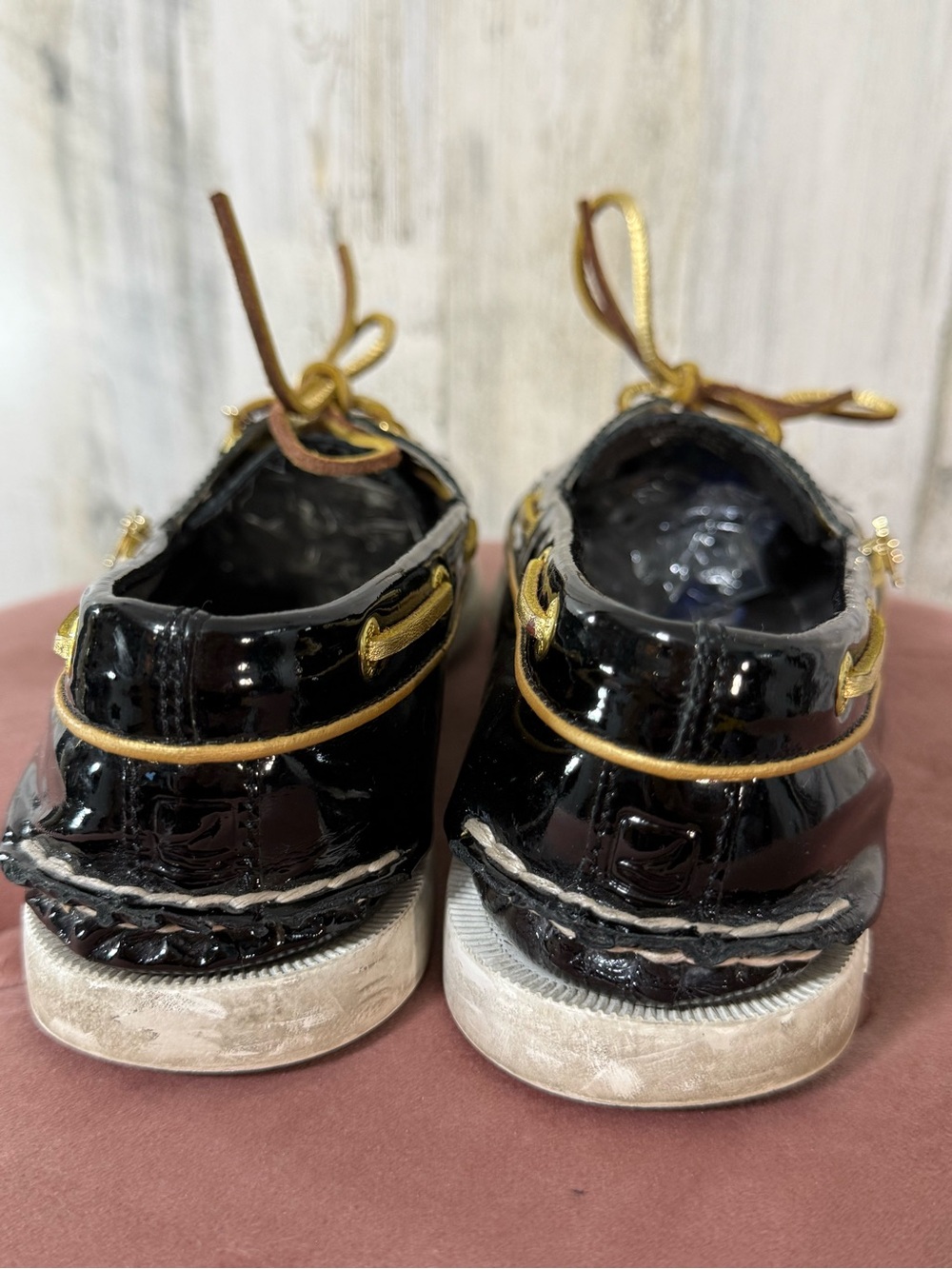 Sperry Black Patent Leather Boat Shoes Gold Laces with Charms Nautical - Picture 6 of 13